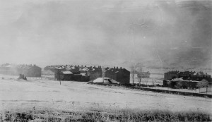 View of the dormitories at Alexandropol in the snow.